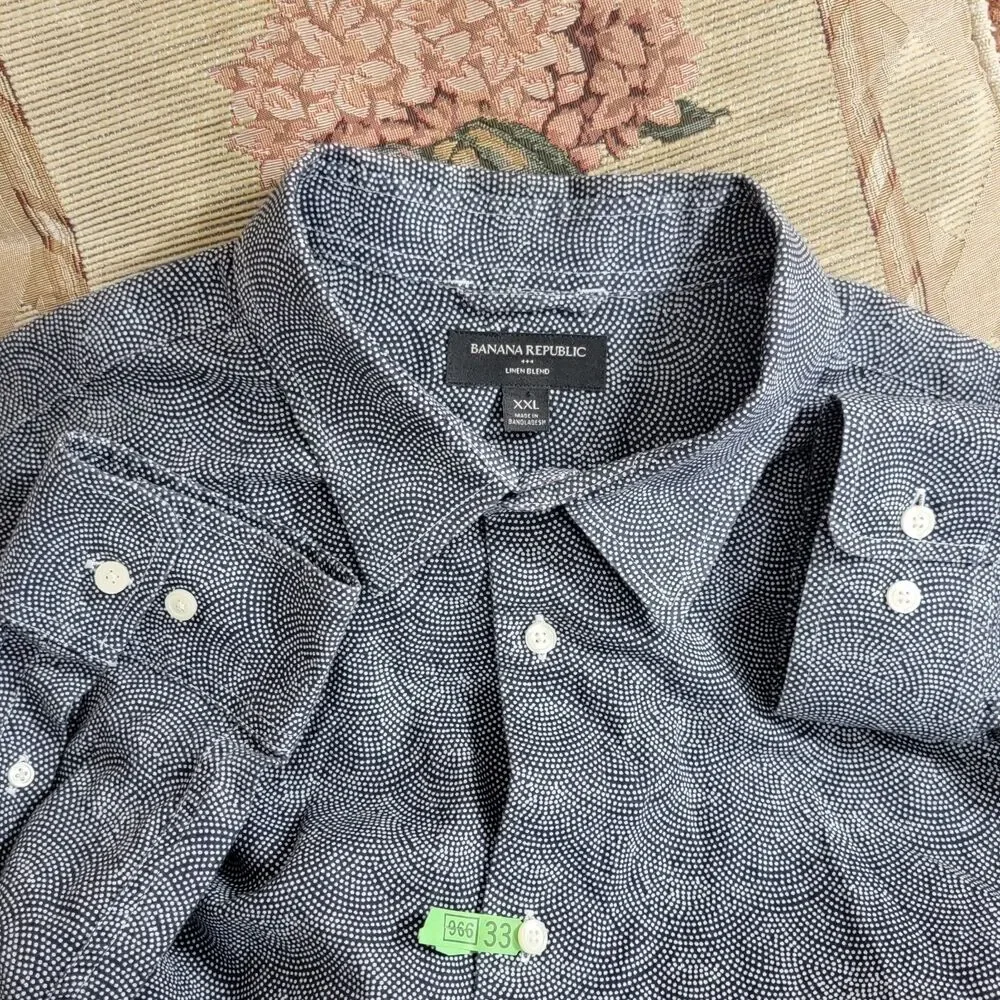 Banana Republic Shirt Mens XXL Blue Polka Dot Camo Print Linen Blend Long Sleeve